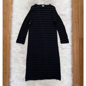 Alquema Black Stripe Pleated Fabric Split Neck Lagenlook Long Sleeve Midi Dress